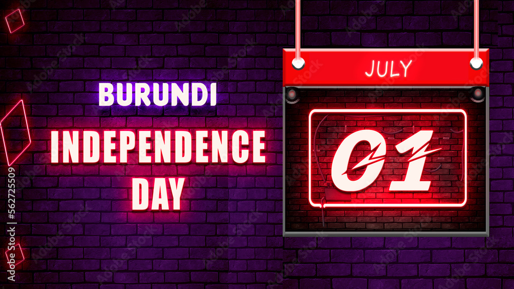 Happy Independence Day of Burundi, 01 July. World National Days Neon Text Effect on bricks background Happy Independence Day of Burundi, 01 July. World National Days Neon Text Effect on bricks background