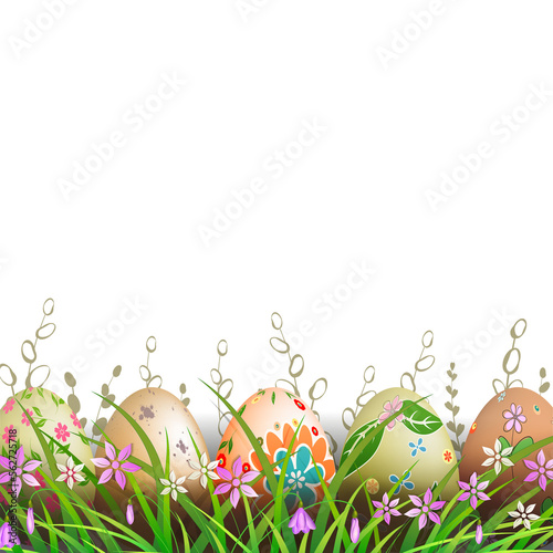 Easter composition, eggs with a wonderful pattern on the grass.