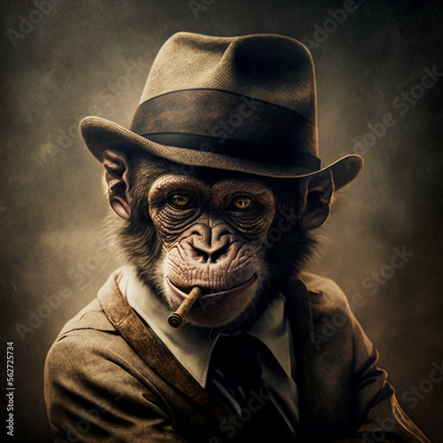 portrait of a monkey with hat and cigar, generative ia
