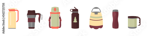 Coffee bottle set. Flat illustration of a cup for a drink, water. Vector travel mug for tea and tumbler. Thermo coffee cup icon. Cartoon with thermo mug for cover design