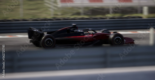 Tracking long lens shot of red modern generic sports racing car driving fast on a track. Realistic 3d rendering © supamotion