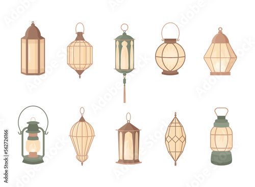 Ramadan lamp set in arabic style. Cartoon vector illustration design. Celebration background with islamic light lantern. Arabic lamp icon for ramadan design