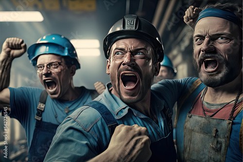 group of people cheering, excited at a factory or plant, passionate, angry