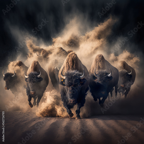 buffaloes running with dust. stampede concept. generative ai photo