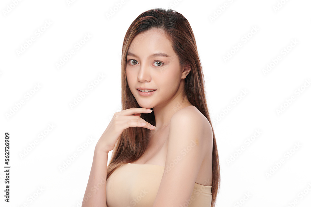 Naklejka premium Beautiful young asian woman with clean fresh skin on white background, Face care, Facial treatment, Cosmetology, beauty and spa, Asian women portrait.
