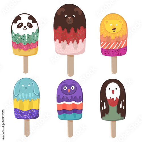 Panda, bear, lion, rabbit, owl, penguin. Fantasy ice creams with animal characters. Hand drawn vector illustrations  © Hanna Symonovych