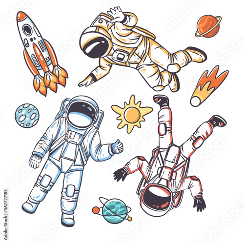 Astronauts in open space . A set of hand drawn vector illustrations with cosmos theme
