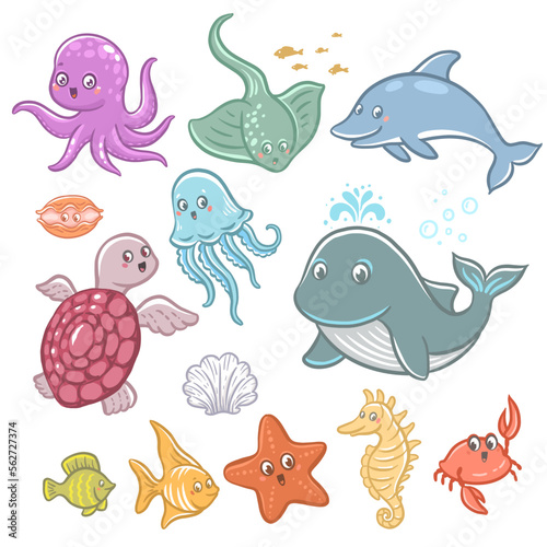 A set of underwater characters- vector hand drawn illustrations with ocean theme 