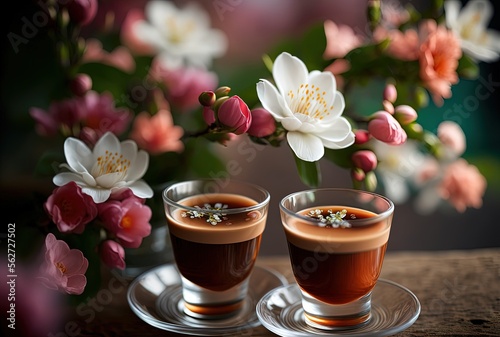 Artistic beautiful romance two cups of macchiato coffee serve with cherry blossom flower branch, spring season and national spring festival theme drink, idea for background or wallpaper  Generative Ai photo