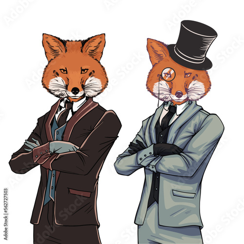 Fox gentlemen in different costumes, hand drawn vector illustrations
