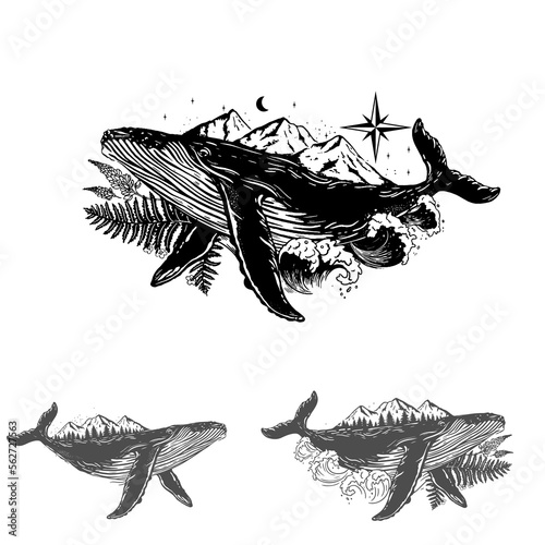 Mountains on humpback whale's back with ocean waves and fern. Hand drawn vector illustrations
