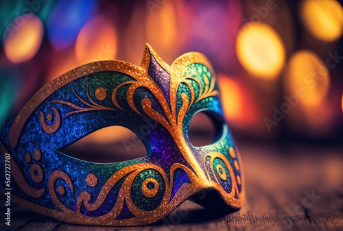 beautiful illustration of carnival mask on wooden background with bokeh light background, idea for background wallpaper   Generative Ai