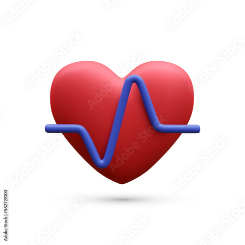 3d realistic red heart with blue pulse for medical apps and websites. Medical healthcare concept. Heart pulse, heartbeat line, cardiogram. Vector illustration