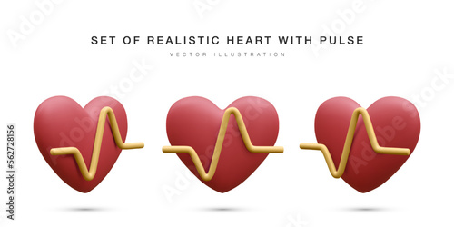 Set of 3d realistic red heart with yellow pulse for medical apps and websites. Medical healthcare concept. Heart pulse, heartbeat line, cardiogram. Vector illustration