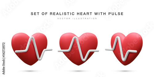Set of 3d realistic red heart with white pulse for medical apps and websites. Medical healthcare concept. Heart pulse, heartbeat line, cardiogram. Vector illustration