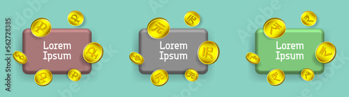 Vector 3d set of gold coins, ruble, yuan and rupee in different projections. Financial sample icons with inscription Lorem ipsum.