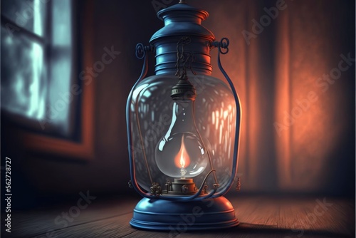 Glass oil lamp, oil lantern, storm lamp with flame, glowing in the dark. Retro futuristic still life, cottagecore aesthetics. AI generative, generated illustration.
