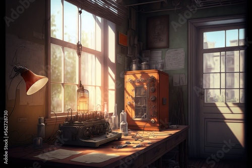Old vintage working room with ancient electric devices on a sunset. Liminal space, period illustration. Muted colors, grunge effect. AI generative, generated by AI.