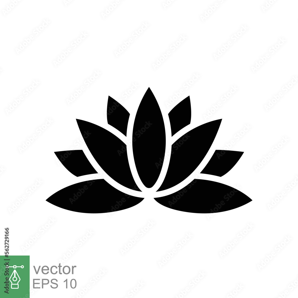 Lotus icon. Simple solid style. Harmony symbol, relax spa flower, petal, leaf, bloom, nature plant concept. Silhouette sign. Glyph vector illustration isolated on white background. EPS 10.