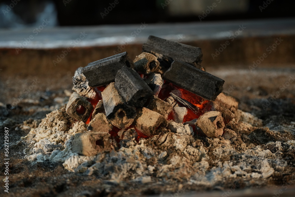 charcoal fire which is set for Japanese mochi, Japanese scenery charcoal fire which is set for Japanese mochi, Japanese scenery