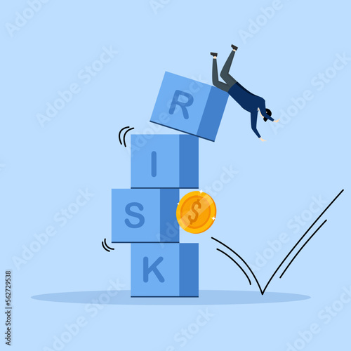 Concept of Risk in investing, volatility and fluctuation of stock market that price will decrease, businessman fall from stack of blocks with word impact RISK by coin money, stability concept.