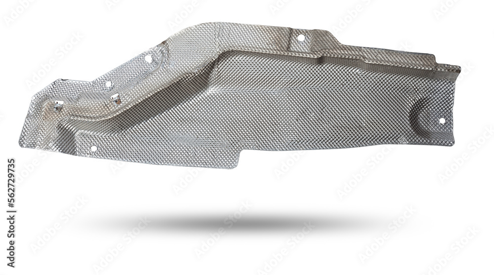 Heat shield made of aluminum to protect vehicle body parts from hot exhaust. Car spare parts catalog. Heat shield made of aluminum to protect vehicle body parts from hot exhaust. Car spare parts catalog.