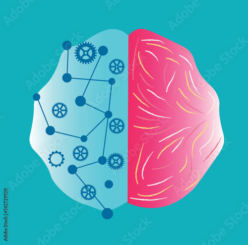 Drawn human brain with gears on blue background