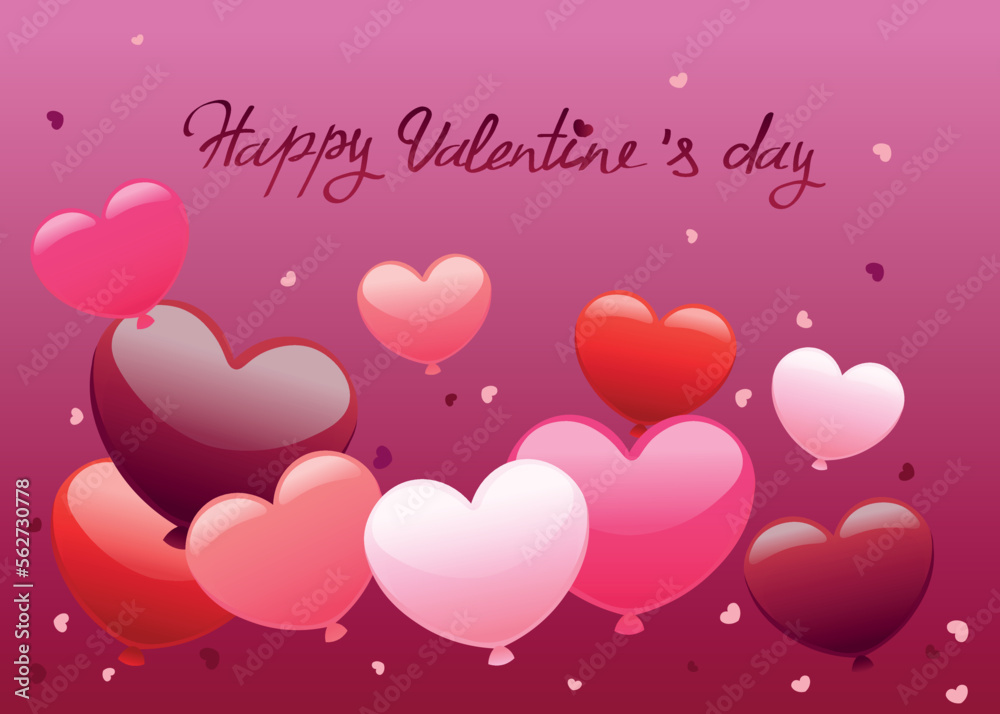 Greeting card for Valentine's Day with heart-shaped balloons on pink background