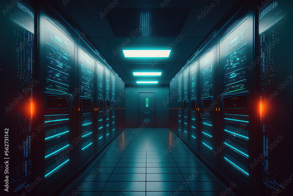 Fototapeta premium Server Racks in Data Center - Fully Operational Racks, Network Security, Telecommunications, AI, Supercomputer. Generative AI