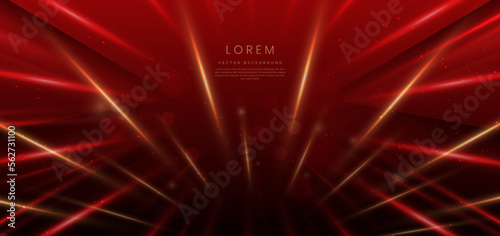 Abstract red elegant background with gold lighting effect sparkle and bokeh with copy space for text. Luxury design style.