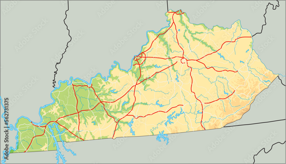 High detailed Kentucky physical map.