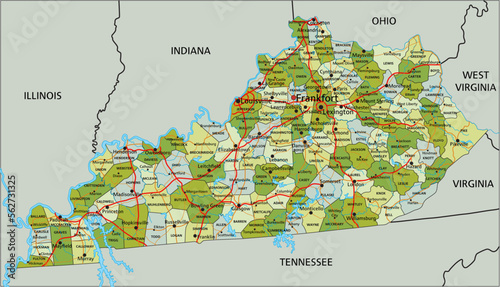 Highly detailed editable political map with separated layers. Kentucky. photo