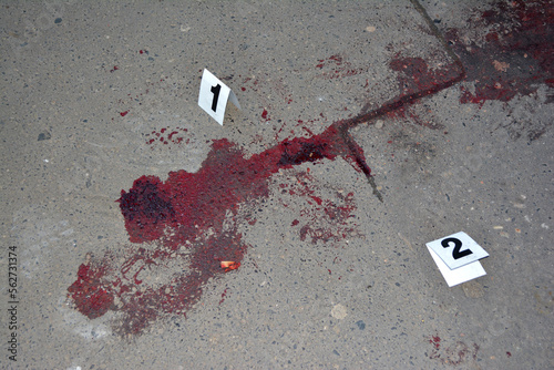 Czerwona plama krwi na miejscu morderstwa osoby - oględziny miejsca zbrodni. 
