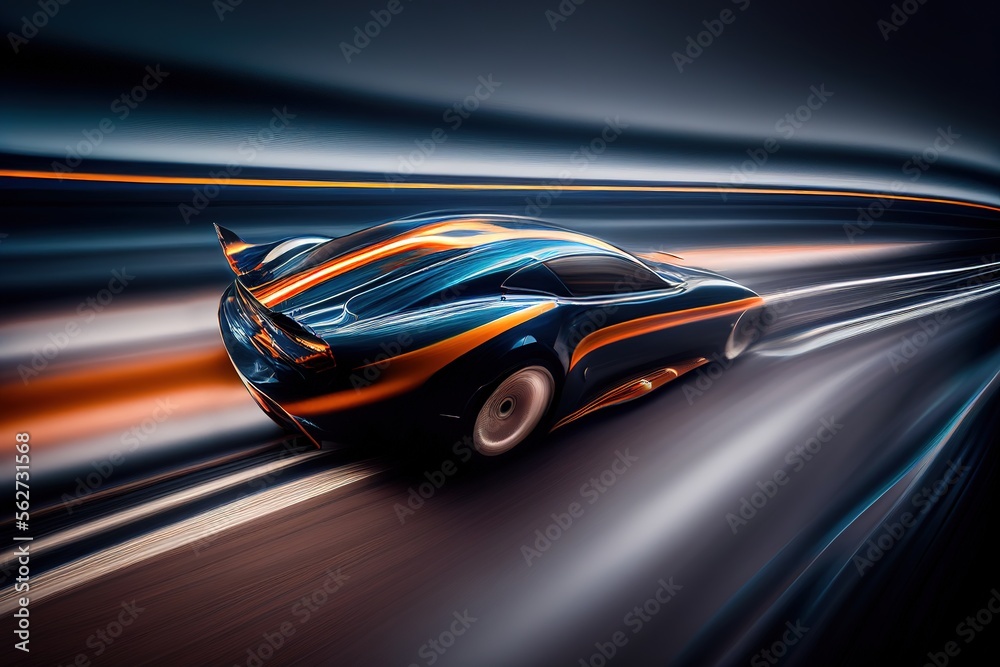 Fototapeta premium Abstract electric car riding on high speed, blurred motion. Generative art 