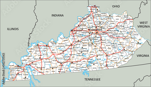 High detailed Kentucky road map with labeling.