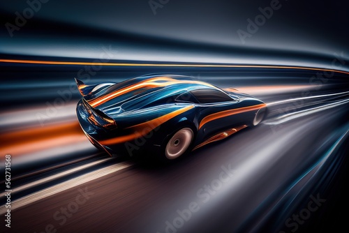 Abstract electric car riding on high speed, blurred motion. Generative art 