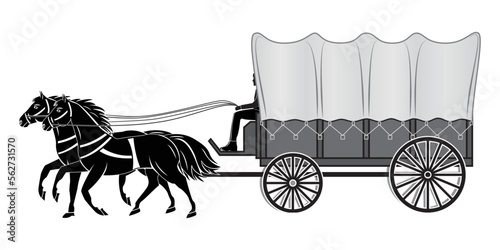 Legend of wild western American four wheeled wagon with horses and rider drawing in vector