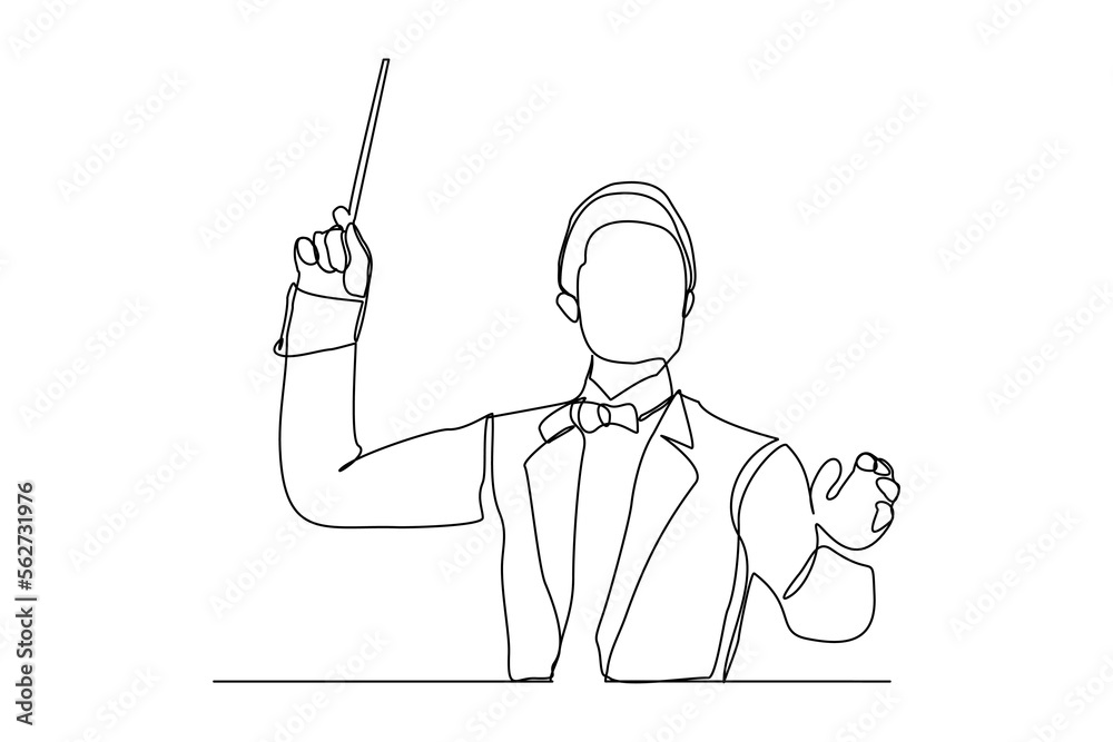 Continuous single one line art drawing of music conductor directing concert orchestra
