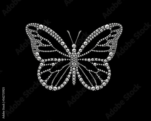 Butterfly pattern embroidery Shiny, silver and black print with diamonds, Isolated fashion abstract background rhinestone hot fix design hand drawn