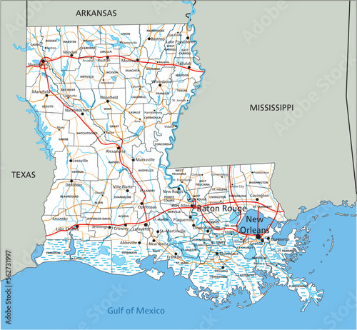 High detailed Louisiana road map with labeling.
