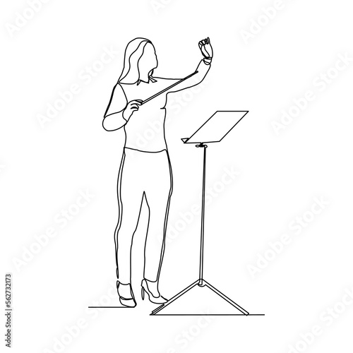 Continuous single one line art drawing of music conductor woman directing concert orchestra performance with stick and notes book. Vector illustration