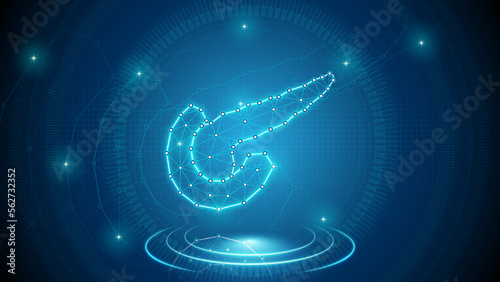 Human Organ Pancreas, Gallbladder Endocrine, Digestive System Medical Cybernetic Part Transplant Replacement Neural Digital Hologram Neon Glow Futuristic Triangulated Polygonal Low Poly Background