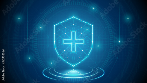 Healthy Protection Shield Medical Cybernetic Neural Digital Hologram Neon Glow Futuristic Triangulated Polygonal Low Poly Background