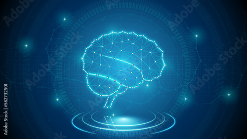 Human Organ Brain Side View Central Nervous System Medical Cybernetic Part Transplant Replacement Neural Digital Hologram Neon Glow Futuristic Triangulated Polygonal Low Poly Background