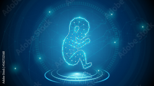 Human Fetus Infant Embryonic Reproductive System Medical Cybernetic Part Transplant Replacement Neural Digital Hologram Neon Glow Futuristic Triangulated Polygonal Low Poly Background