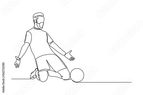 Continuous single one line art drawing of football soccer player celebrating victory success goal on competition. Vector illustration