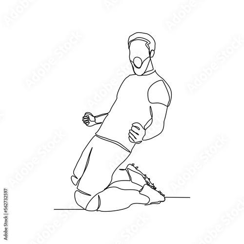 Continuous single one line art drawing of football soccer player celebrating victory success goal on competition. Vector illustration