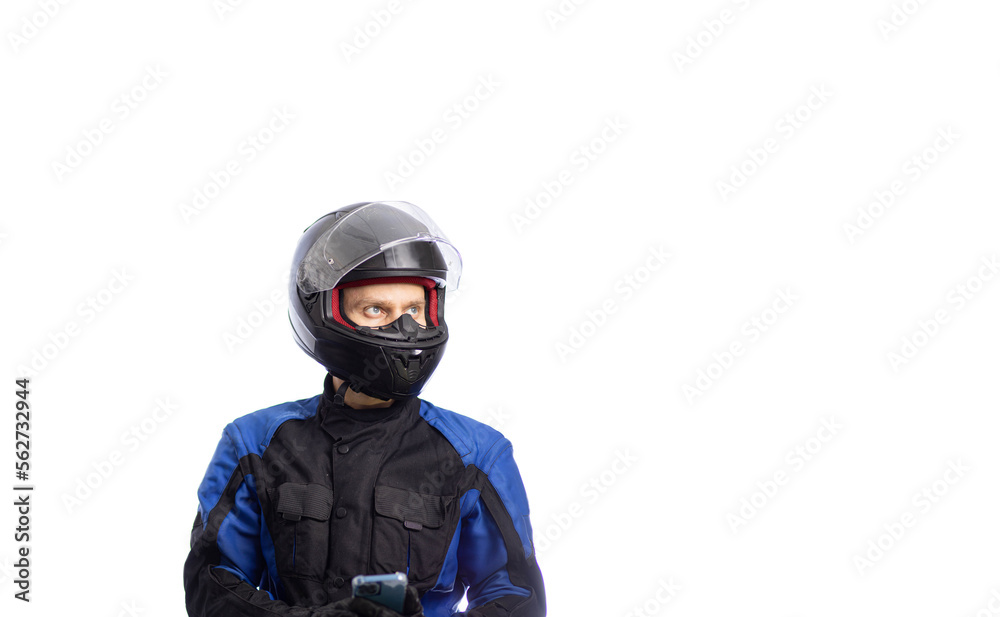 motorcyclist biker in moto equipment helmet and jacket gloves on a white background.