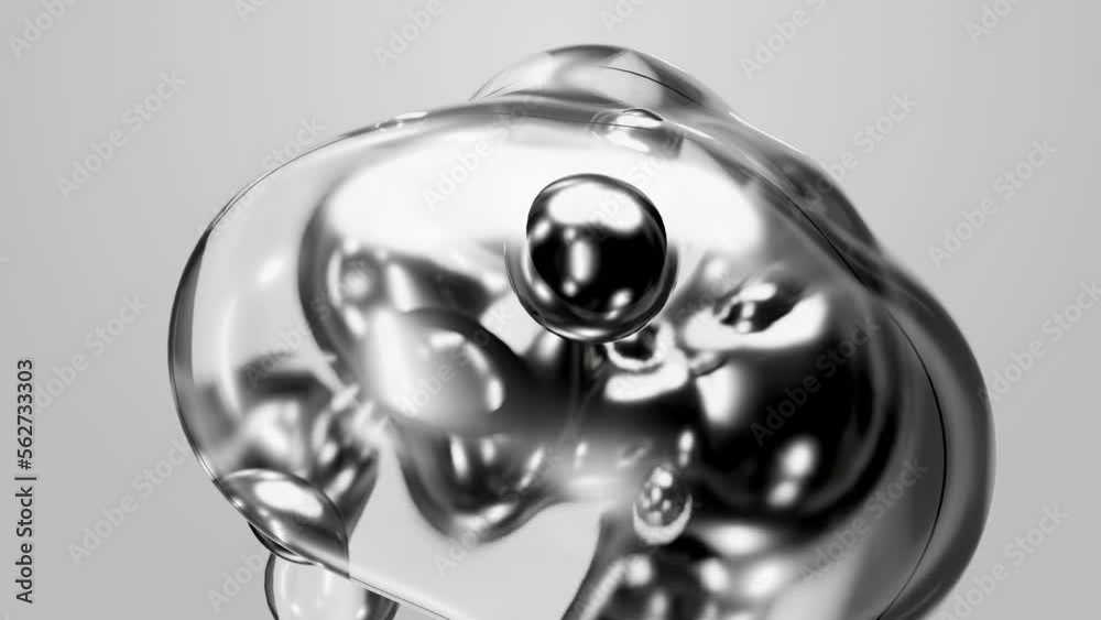 3d render motion design pattern metaverse monochrome gray white abstract art object metaball metaspheres in glass water liquid silver metal meta ball transition deformation process on white background