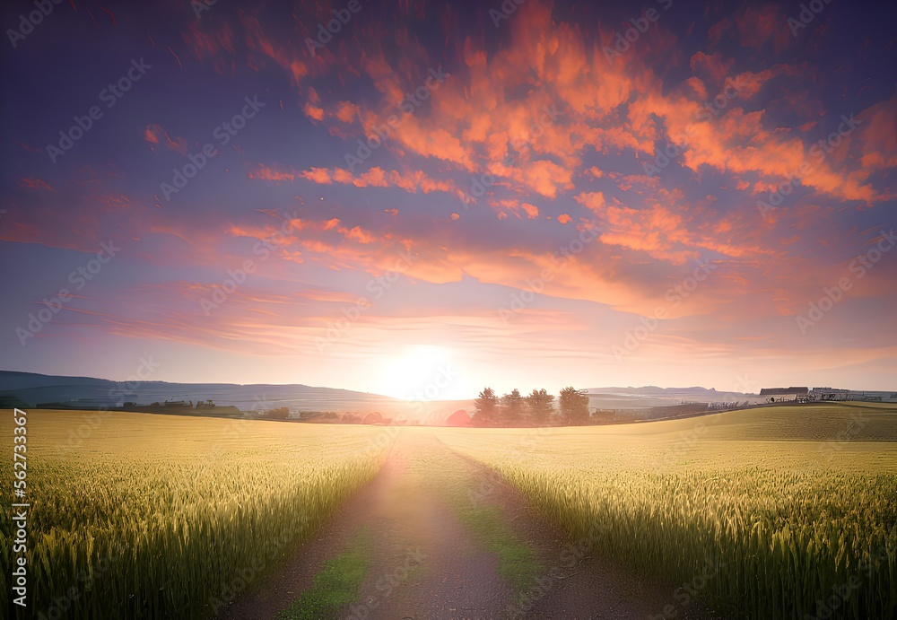 Obraz premium Generative AI,scenic view of agricultural field against sky during sunset